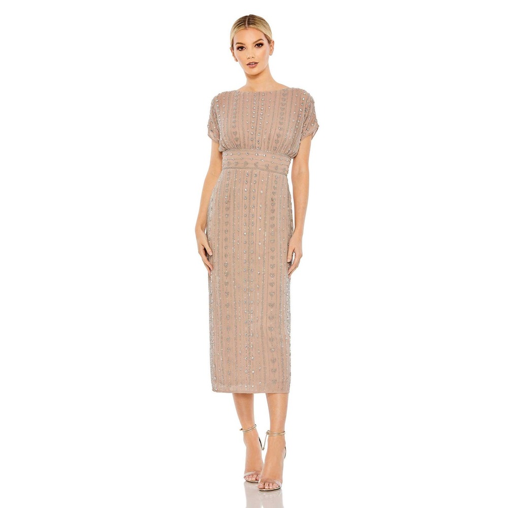 Mac Duggal Beaded Cap Sleeve Column Midi Dress Dark Mocha Size 18 NWT